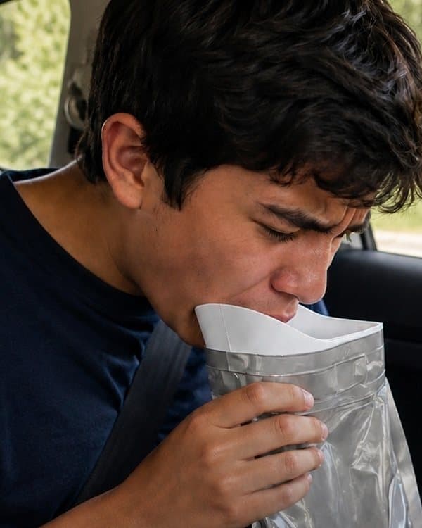 A teenager in a car using a Looway bag for motion sickness