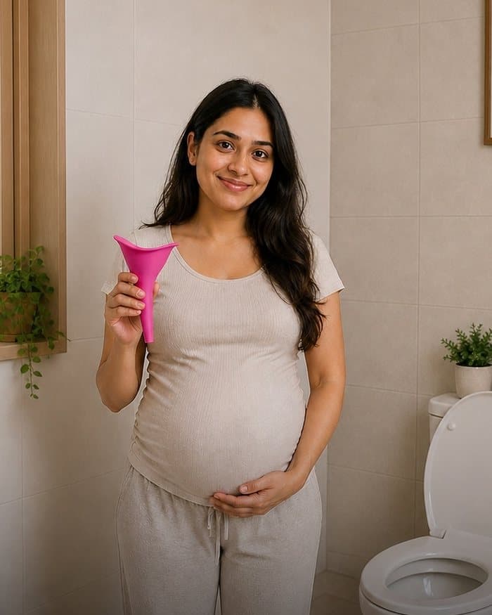 Woman using Looway pee funnel